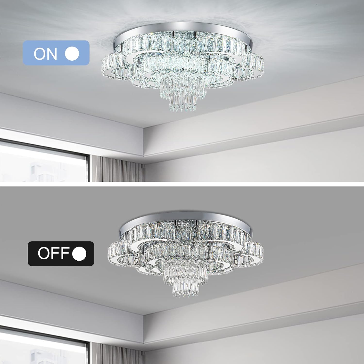 21 Inch Crystal Chandelier LED Flush Mount Ceiling Light Fixtures Luxury Chandeliers for Living Room Bathroom Bedroom Entrance Dining Room(Cool White)
