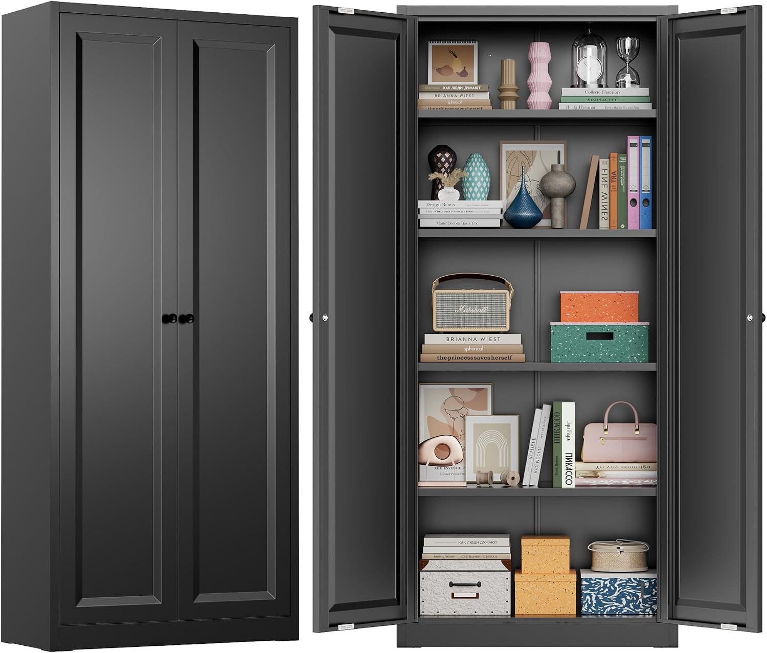 Greenvelly Metal Cabinet, 63' H Black Metal Storage Cabinet with Doors and 4 Shelves, Pantry Storage Cabinet for Kitchen, Bedroom, Living Room, Office (Modern)