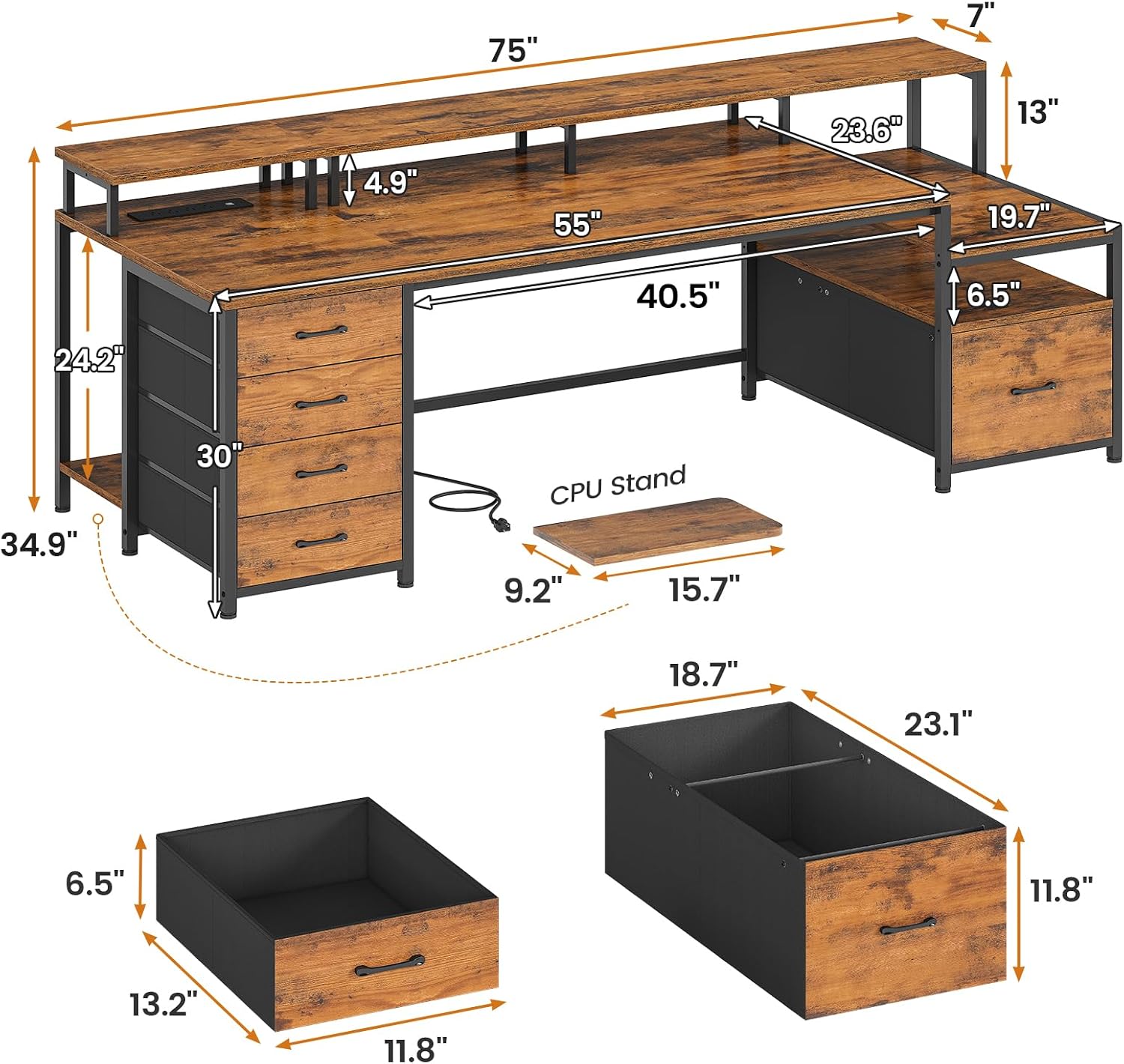 SEDETA Home Office Desk with File Drawer & Power Outlet, 75'' Large Computer Desk with 5 Drawer, Storage Shelves, Monitor Shelf and Led Lights, 23.6' W Desktop Gaming Desk, Rustic Brown