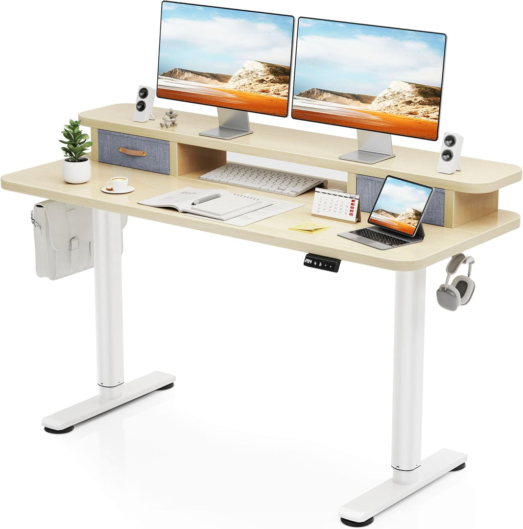 Flycity Electric Standing Desk with Dual Drawers, 55' x 24' Height Adjustable Desk Sit Stand Desk with Memory Controller, Casters & 2 Hooks, Ergonomic Low Noise Home Office Desk, Maple