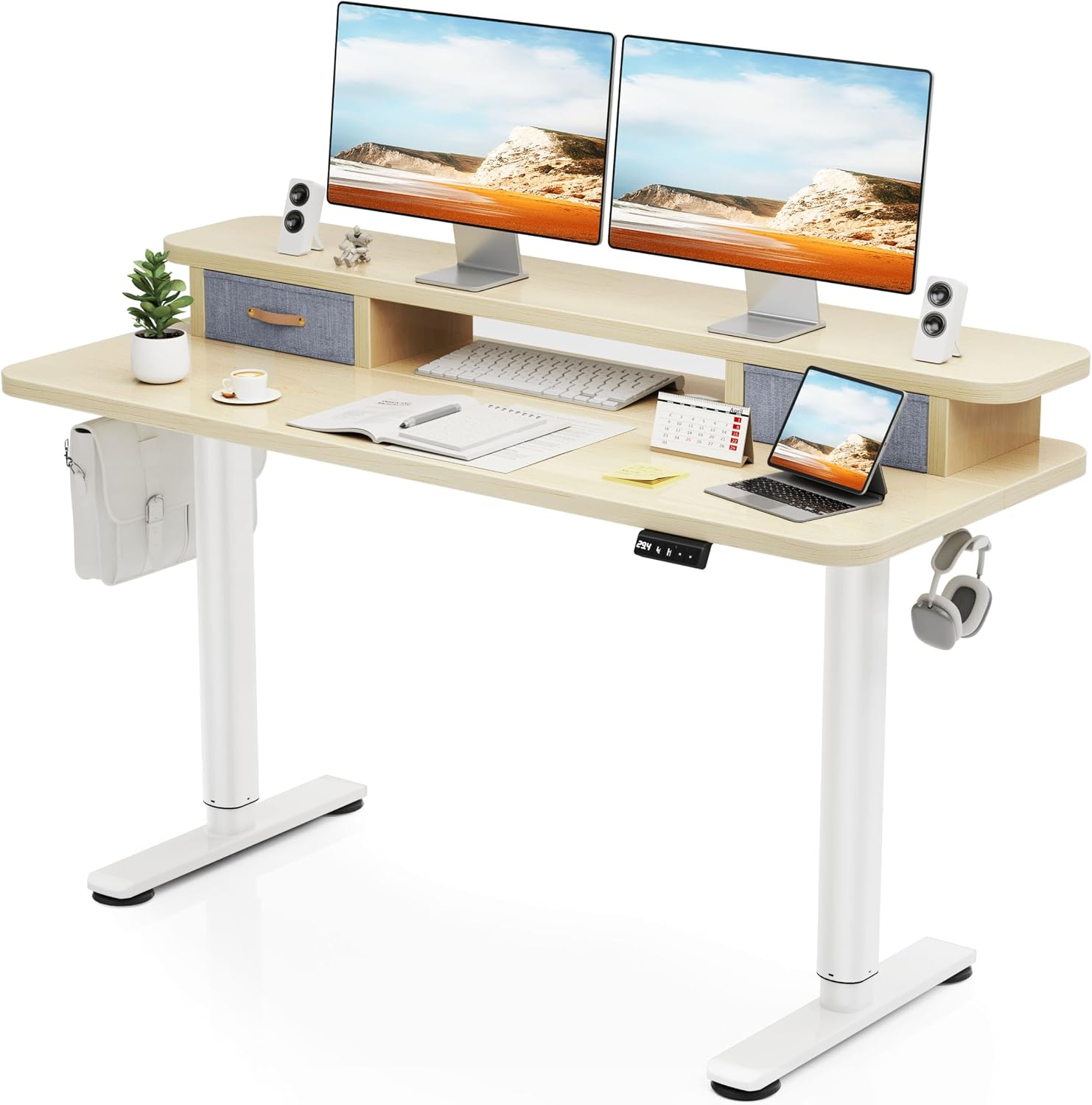 Flycity Electric Standing Desk with Dual Drawers, 55' x 24' Height Adjustable Desk Sit Stand Desk with Memory Controller, Casters & 2 Hooks, Ergonomic Low Noise Home Office Desk, Maple