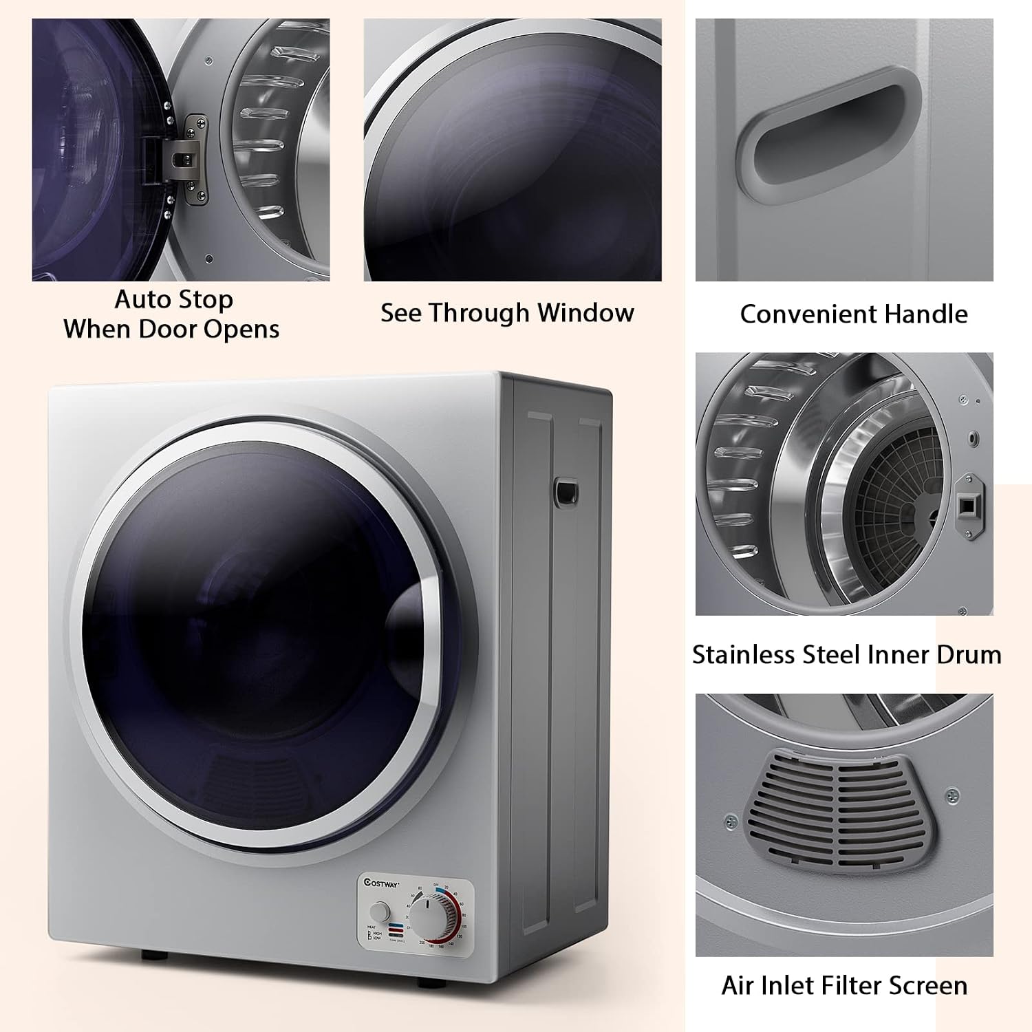 COSTWAY Compact Laundry Dryer, 110V Electric Portable Clothes Dryer with Stainless Steel Tub, Control Panel Downside Easy Control for 4 Automatic Drying Mode (Stainless Steel-Silver)