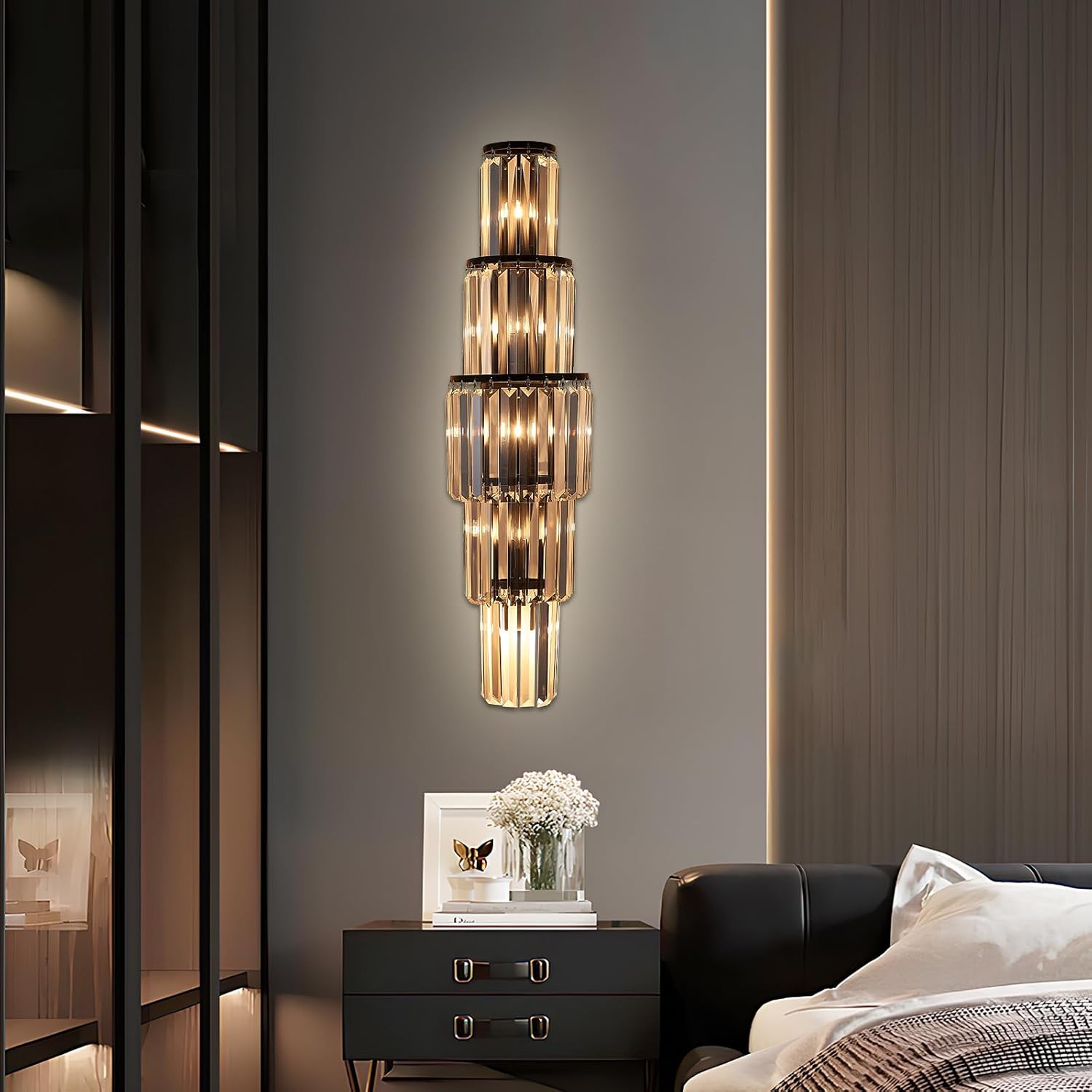 29.5 inch Modern Wall Sconce Crystal Vanity Wall Sconce Lighting 5-Light Black Wall Light Fixtures for Bedroom Living Room Bathroom Hallway