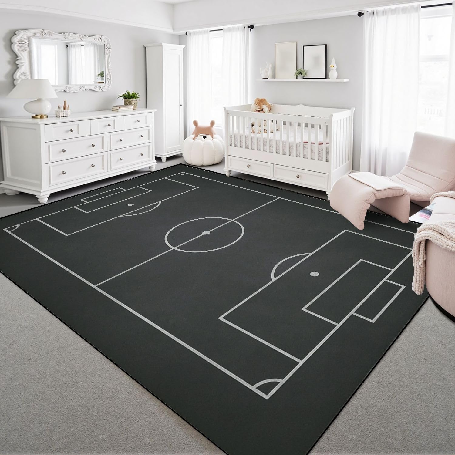 8x10 Area Rugs for Bedroom Boho Washable Rug for Living Room Soccer Field chalked Blackboard Football Stadium Painted Carpet for Dining Room Soft Rubber Backed Non-Slip Carpets for Bedroom Office