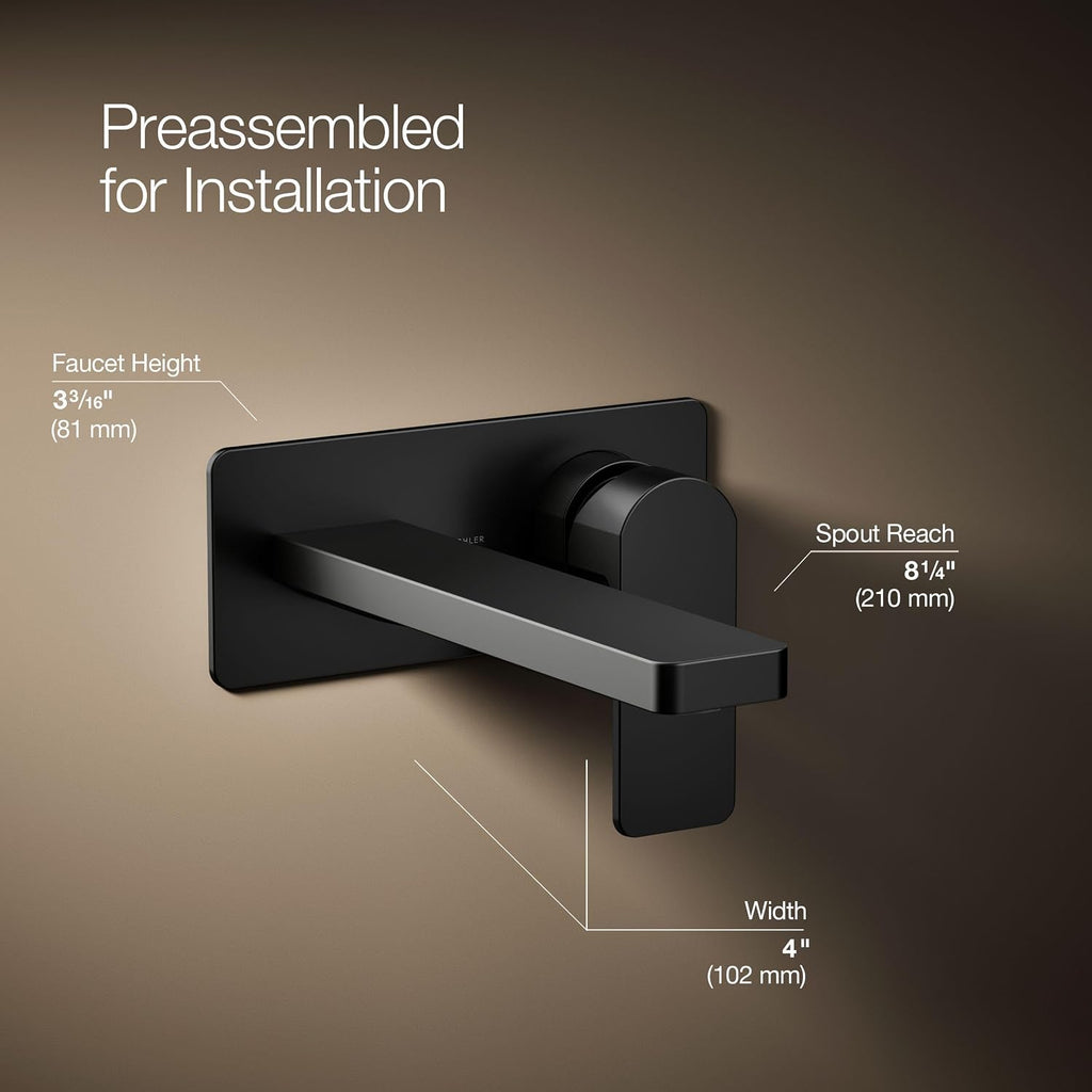 Kohler 22567-4-BL Parallel® Wall-Mount Single-Handle Bathroom Sink Faucet, 1.2 gpm, Matte Black