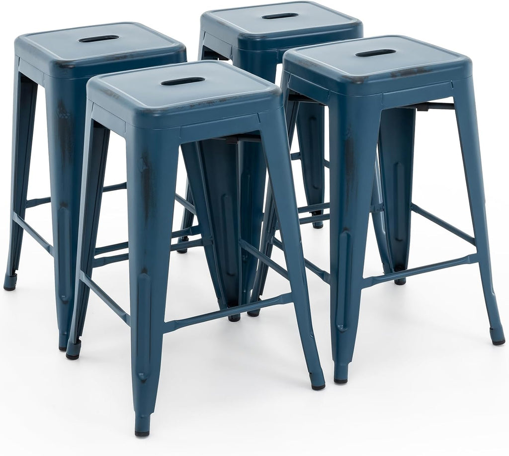 Vogue Furniture Direct 24 Inch Metal Bar Stools, Backless Counter Height Barstools, Indoor Outdoor Stackable Stools with Square Seat, Set of 4 (Distressed Deep Blue)