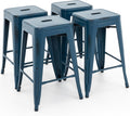 Vogue Furniture Direct 24 Inch Metal Bar Stools, Backless Counter Height Barstools, Indoor Outdoor Stackable Stools with Square Seat, Set of 4 (Distressed Deep Blue)