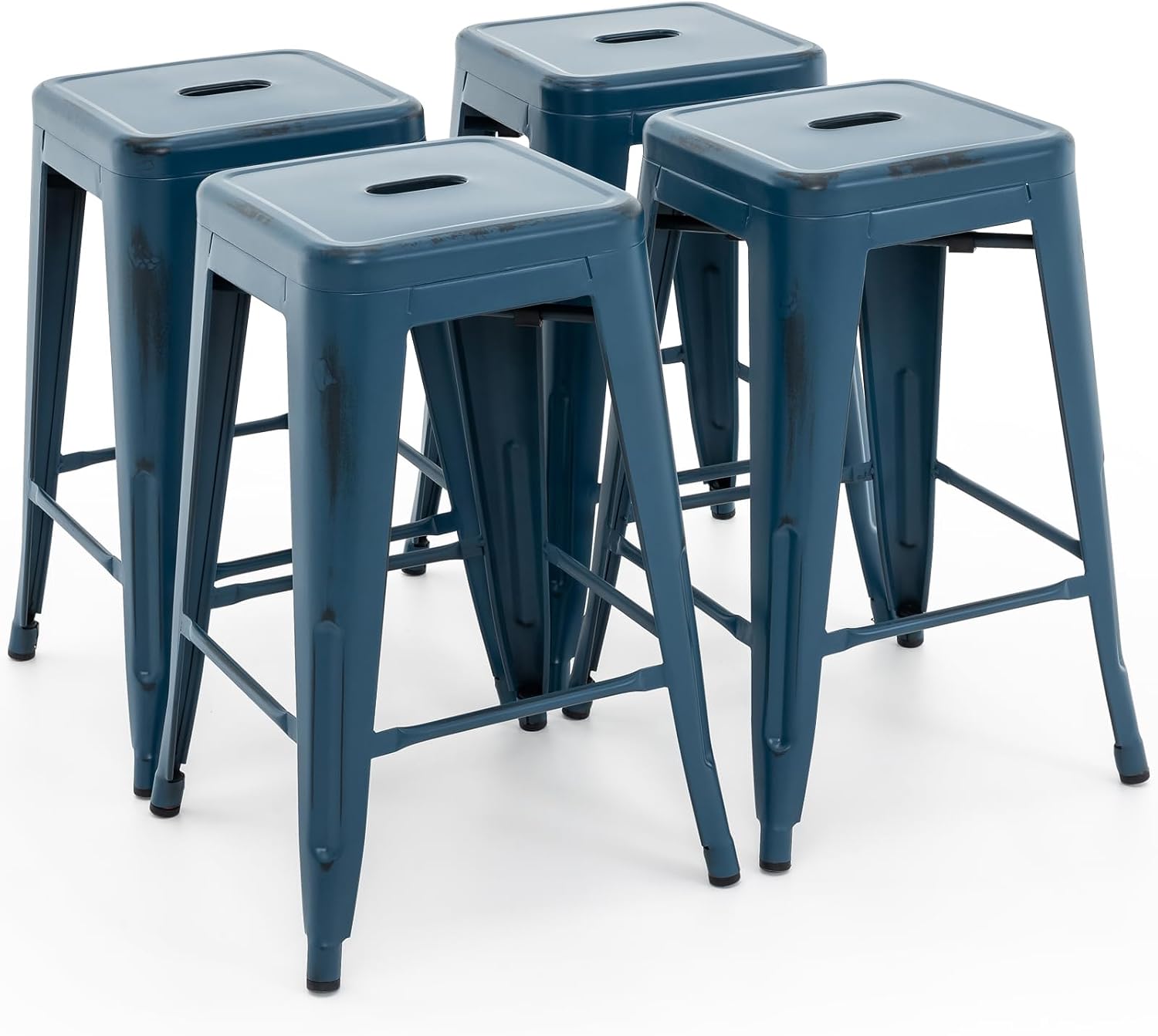 Vogue Furniture Direct 24 Inch Metal Bar Stools, Backless Counter Height Barstools, Indoor Outdoor Stackable Stools with Square Seat, Set of 4 (Distressed Deep Blue)