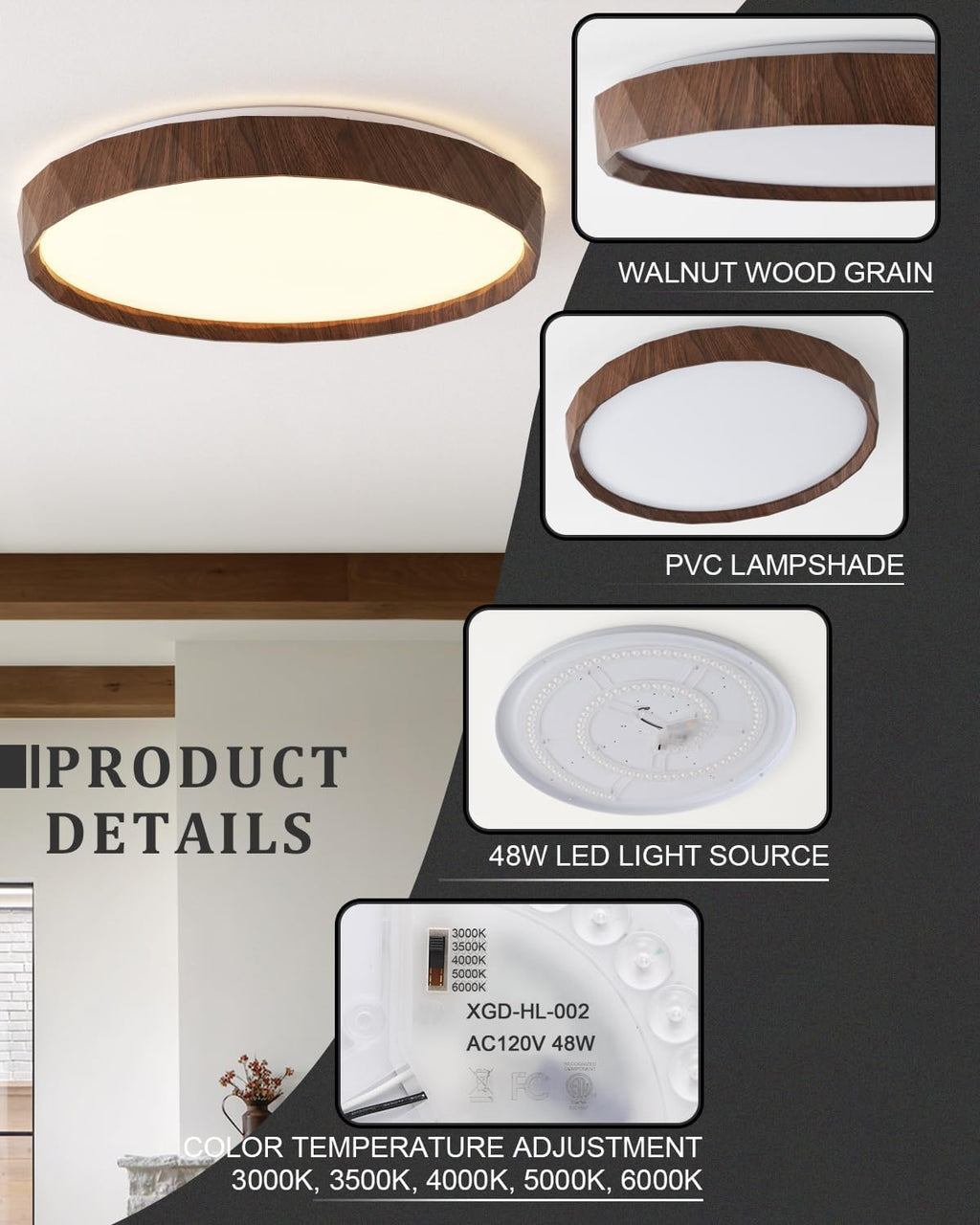 ANYLOVE 19 inch LED Flush Mount Ceiling Light Fixture,3000K 4000K 5000K Adjustable Ceiling Lights, Farmhouse Walnut Wood Grain Ceiling Light for Bedroom Hallway Bathroom Kitchen