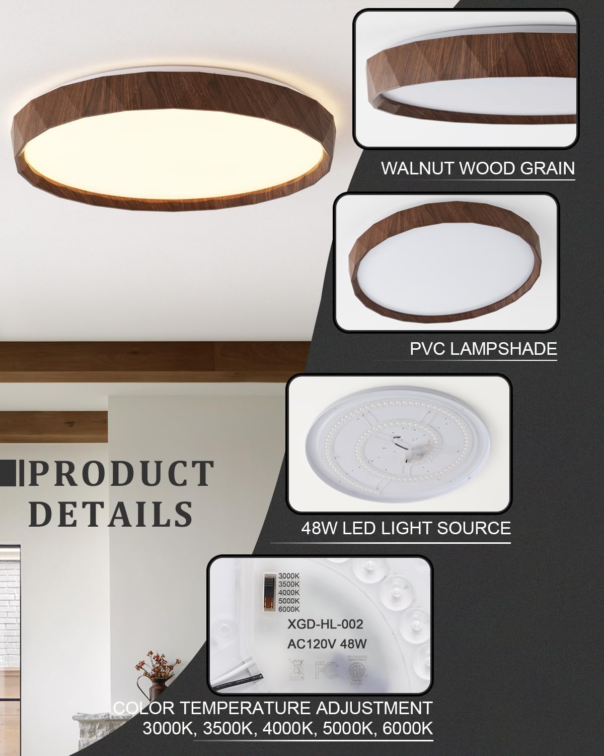 ANYLOVE 19 inch LED Flush Mount Ceiling Light Fixture,3000K 4000K 5000K Adjustable Ceiling Lights, Farmhouse Walnut Wood Grain Ceiling Light for Bedroom Hallway Bathroom Kitchen