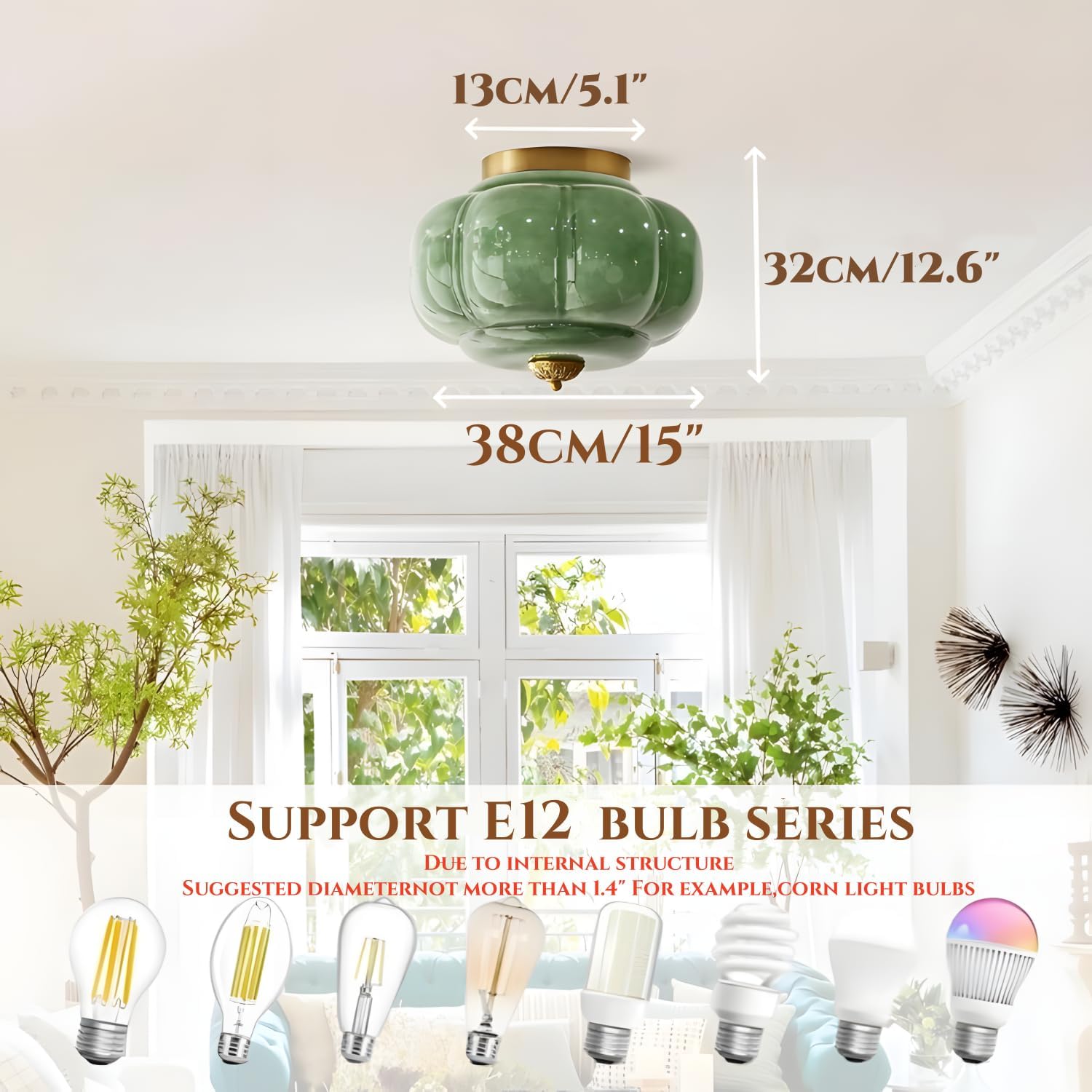 Bofea-Mid Century Semi Flush Mount Ceiling Light Fixture,Green Glass Hallway Light,Vintage Gold Ceiling Light,Antique Brass Lighting Fixture,Close to Ceiling Lamp for Kitchen Entryway Bathroom