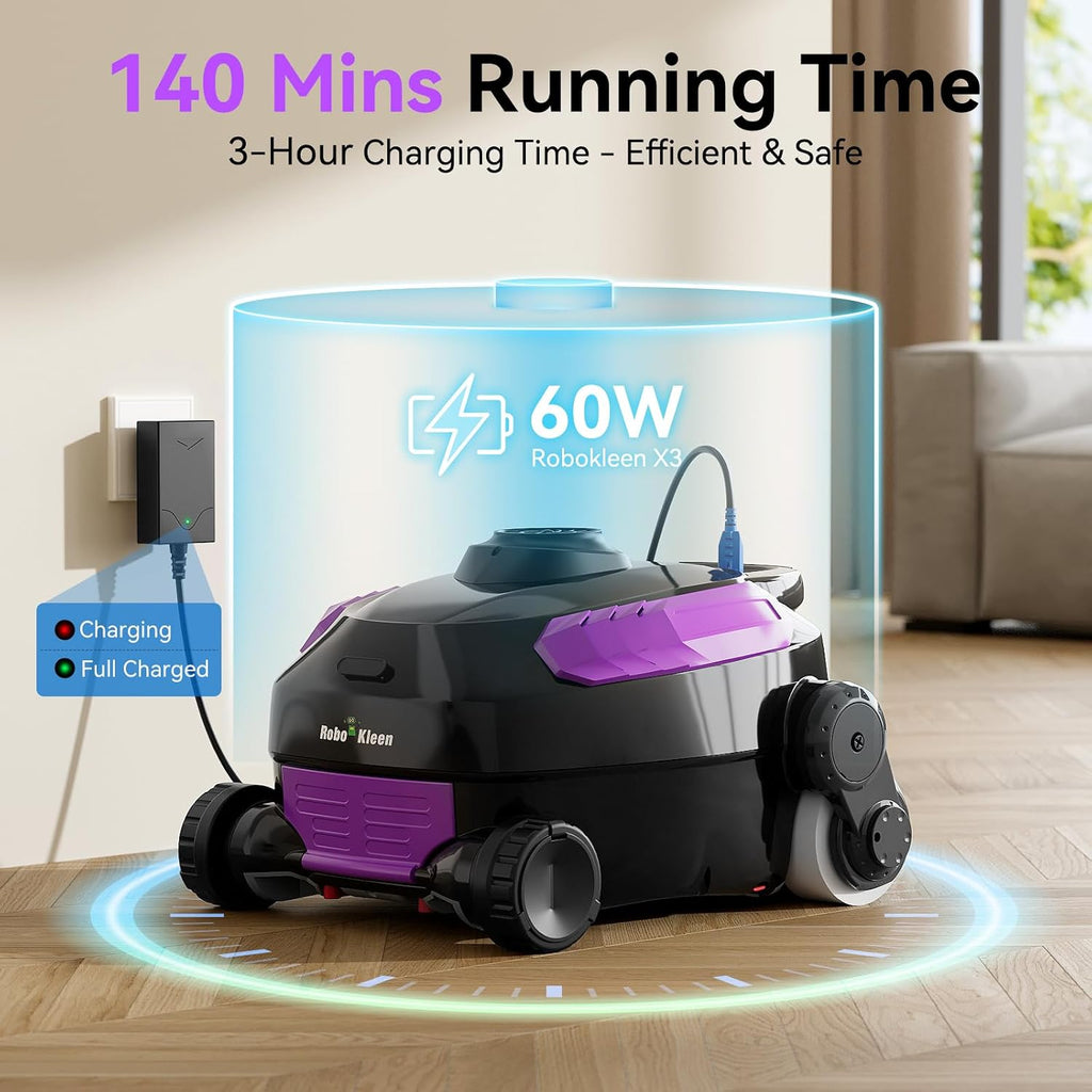 Cordless Robotic Pool Cleaner, Wall Climbing, Extended Battery Life, 0.28 Cu Ft Large Capacity, Advanced Dual-Motor, X3 Auto Pool Vacuum for Inground & Above Ground Pools Up to 1615 Sq.Ft, Purple