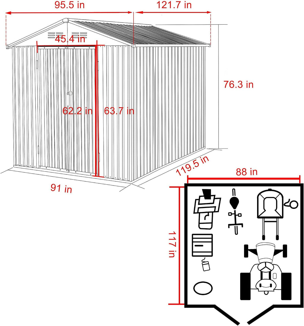 MUPATER 8ft x10 ft Outdoor Storage Shed, Patio Metal Storage Shed Kit with Lockable Doors & Vents, Garden Tools Storage House Galvanized Steel for Backyard, Lawn, Grey