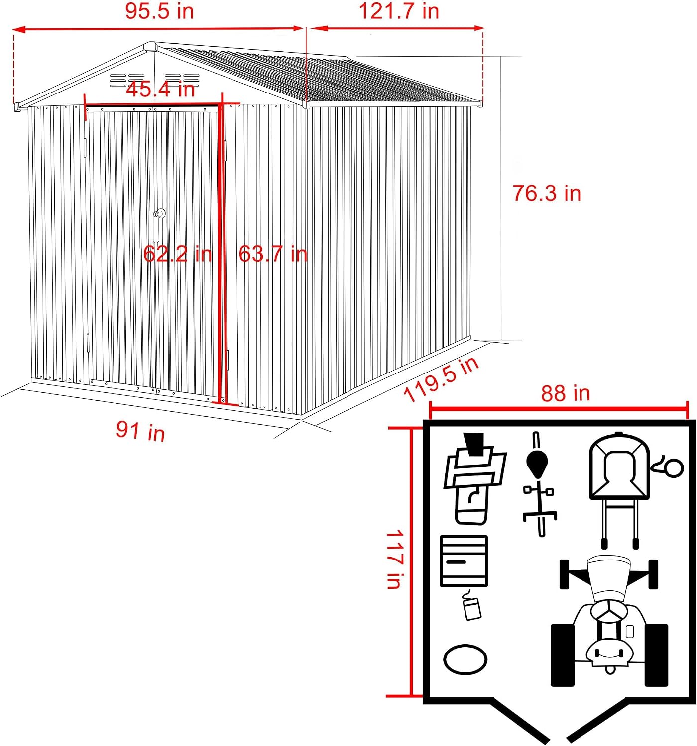 MUPATER 8ft x10 ft Outdoor Storage Shed, Patio Metal Storage Shed Kit with Lockable Doors & Vents, Garden Tools Storage House Galvanized Steel for Backyard, Lawn, Grey