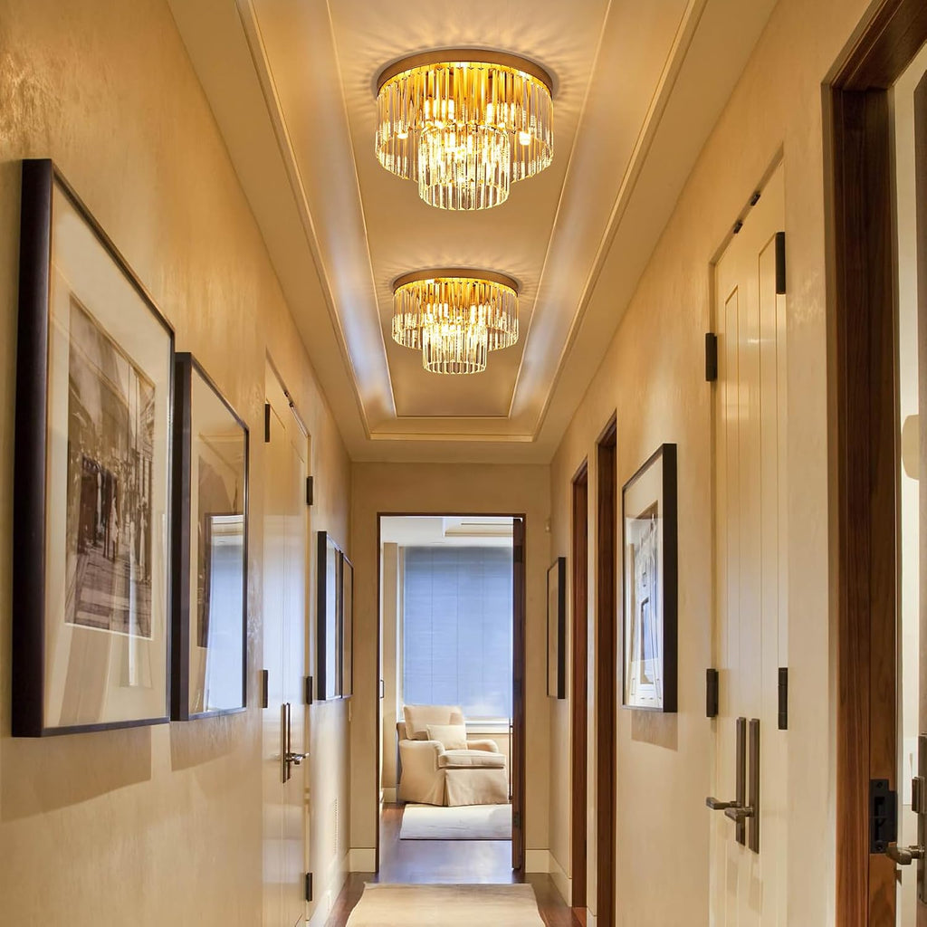 17' Gold Crystal Ceiling Light 9-Light Modern Crystal Light Fixture 2-Tier Luxury K9 Crystal Ceiling Light,for Dining Room Kitchen Island Living Room Bedroom