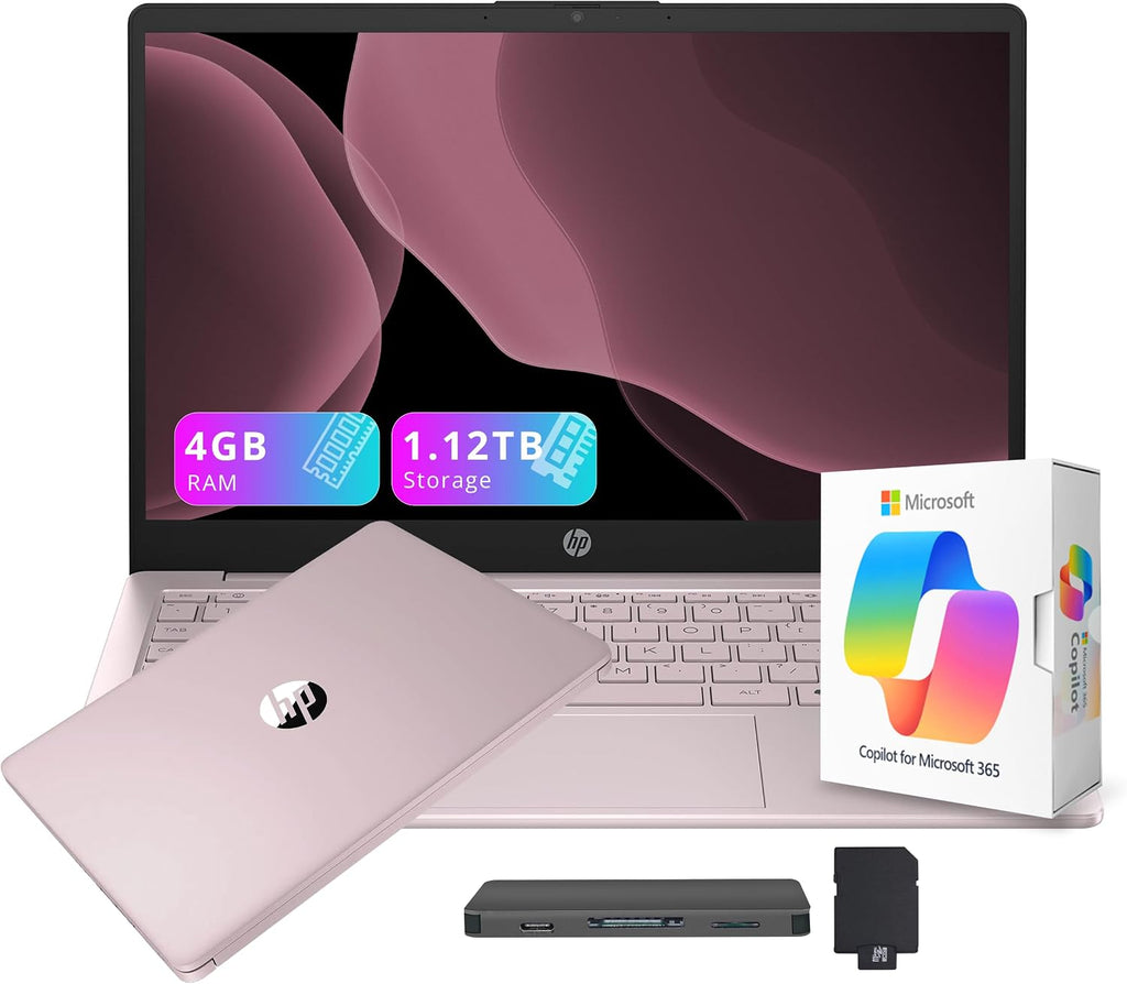 HP Stream 14' HD Student&Business Laptop with AI Copilot, Intel Processor N150, 4GB RAM, 1.12TB Storage (128GB UFS + 1TB Docking Station), 1 Year Office 365, Intel Graphics, Win 11, Tranquil Pink