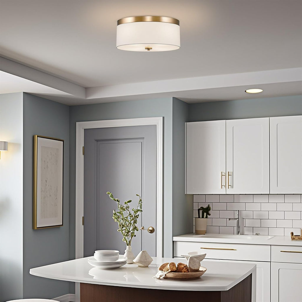 Kira Home Walker 15' Modern Drum Gold Flush Mount Ceiling Light, White Fabric Shade with Frosted Glass Diffuser, 3-Light Close to Ceiling Fixture, Cool Brass Finish