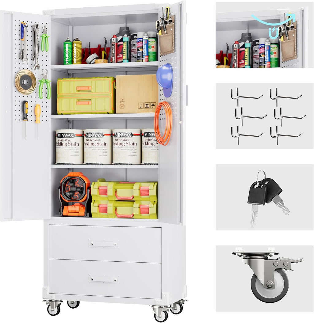 Reemoon Garage Storage Cabinet with 2 Drawers and Pegboard, Metal Storage Cabinet with 2 Lockable Doors for Garage Home Warehouse,Required Assembly,White,71.2' H*15.2' D*30' W