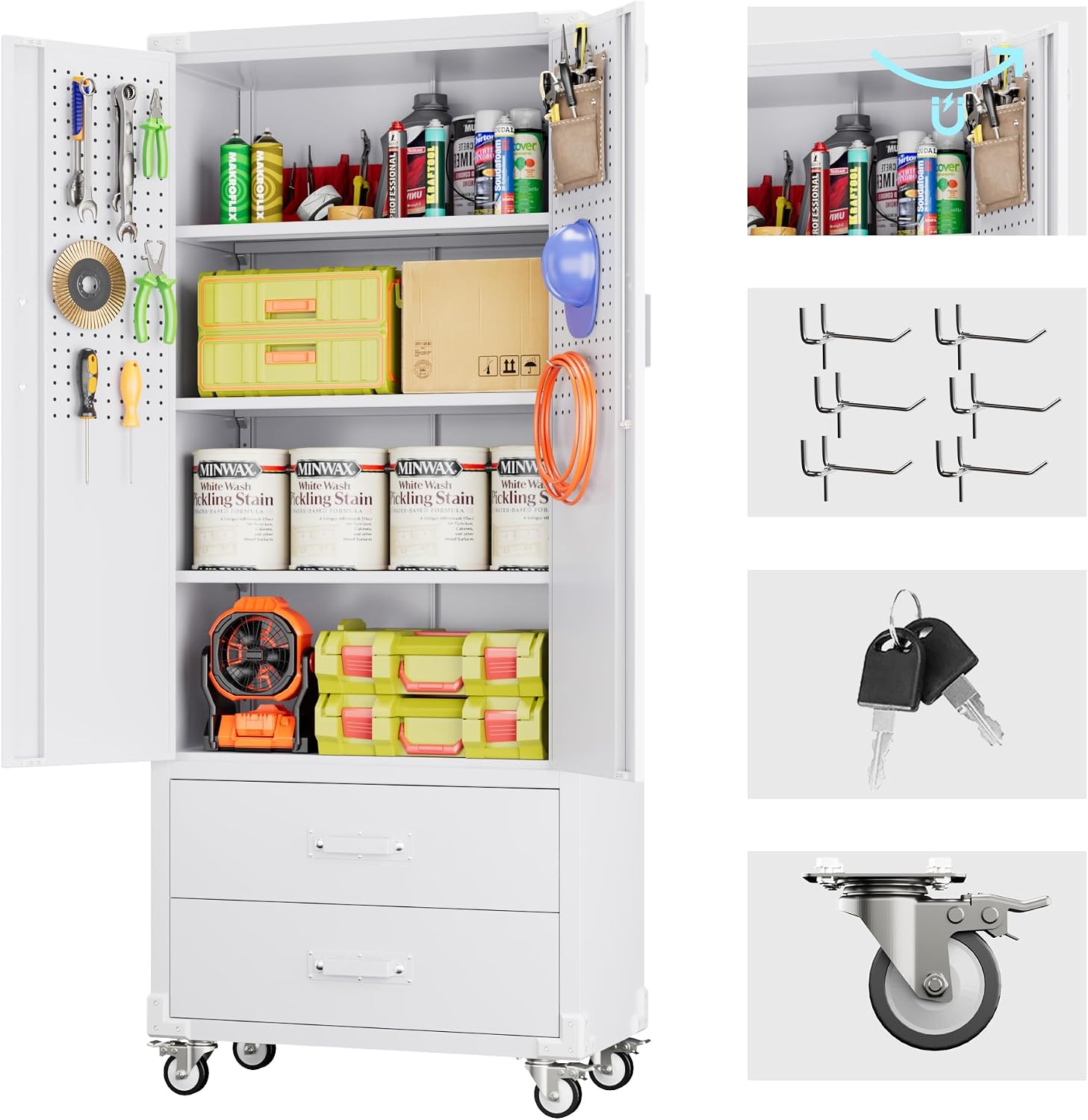 Reemoon Garage Storage Cabinet with 2 Drawers and Pegboard, Metal Storage Cabinet with 2 Lockable Doors for Garage Home Warehouse,Required Assembly,White,71.2' H*15.2' D*30' W