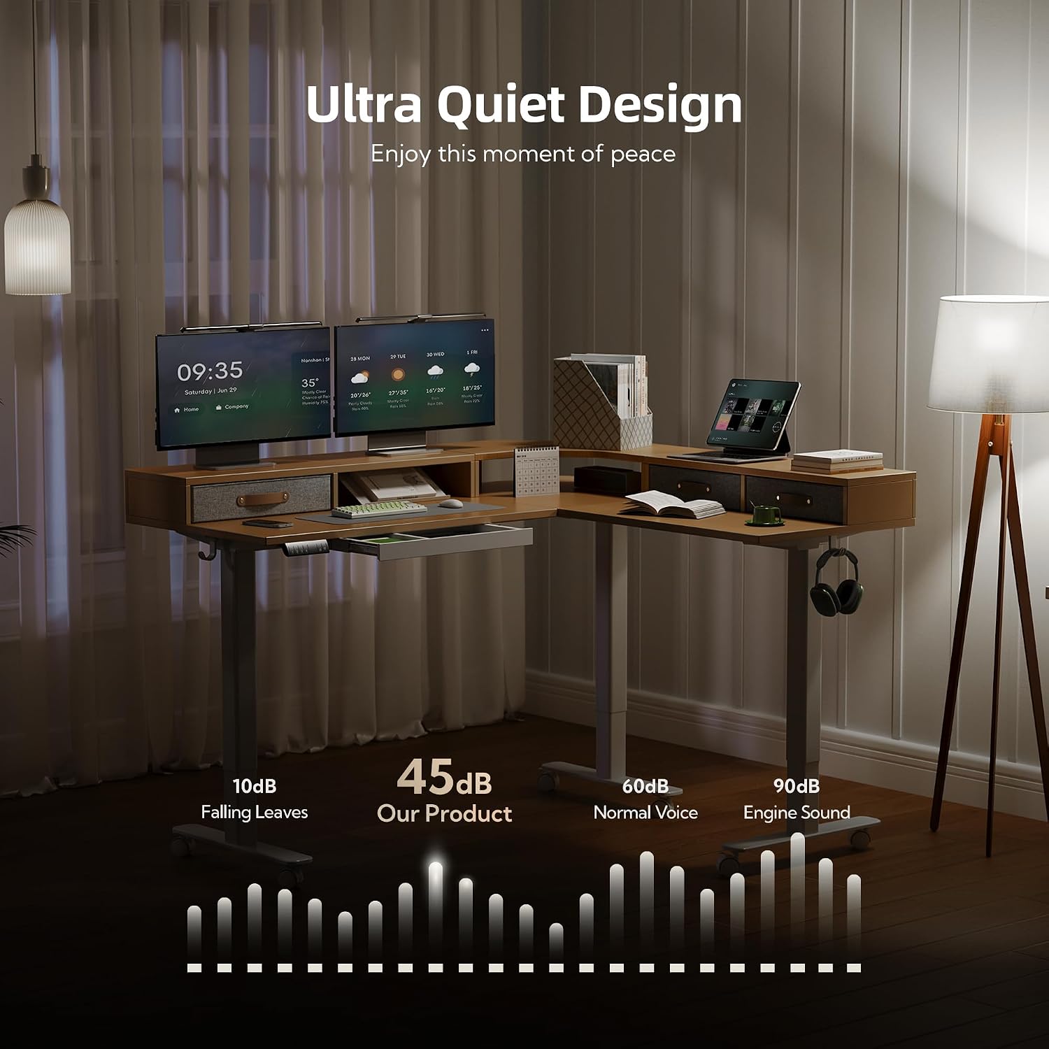 YDN Dual Motor 63' L Shaped Standing Desk with Drawers, Electric Height Adjustable Standing Desk with Monitor Stand & Splice Board, White Frame/Nature Top