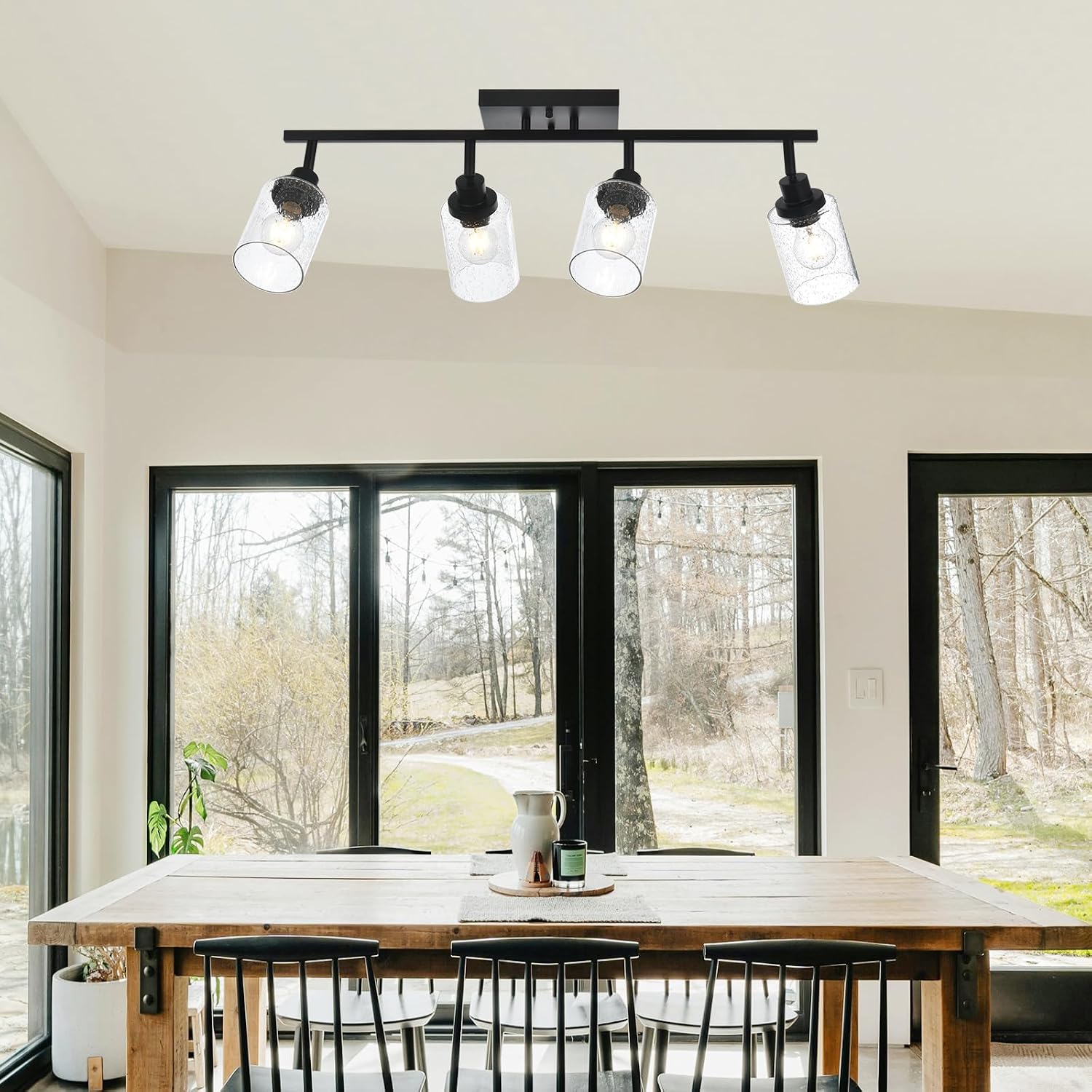 4-Light Black Track Lighting Kit Ceiling Mount Kitchen Track Lighting Fixtures, Bathroom Ceiling Tracking Vanity Light with Bubble Seeded Glass Shade & Rotatable Tracking Heads for Accent Shop