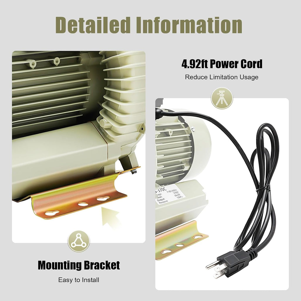 370W Air Pump Blower, DNYSYSJ Commercial Aquaculture Vortex High Pressure Air Blower, Industrial High Pressure Blower for Aquarium Seafood Pond Fish Tanks Water Tank Centrifugal Cycle 110V USA Stock
