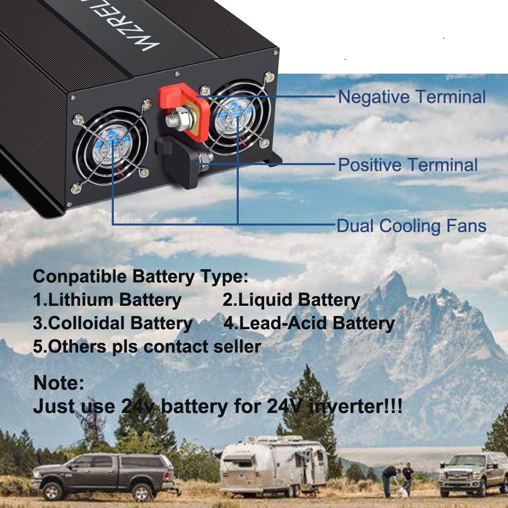 WZRELB Pure Sine Wave Inverter 3000W 24VDC to 120VAC Solar Power Peak 6000W Converter Truck RV Home LCD Display, Black (LN300024)