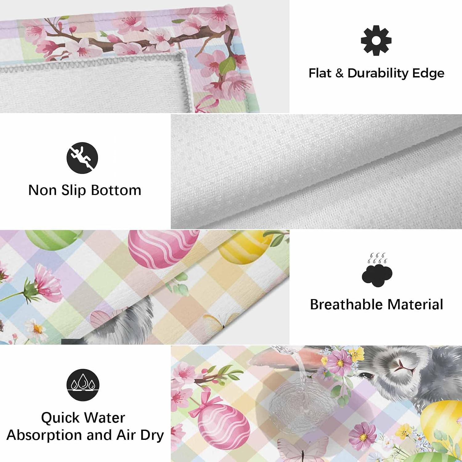 Easter Bunny Outdoor Rug for Patio/Deck/Porch, Non-Slip Large Area Rug 6 x 9 Ft, Spring Colorful Eggs Flower Branch Plaid Indoor Outdoor Rugs Washable Area Rugs, Reversible Camping Rug Carpet Runner