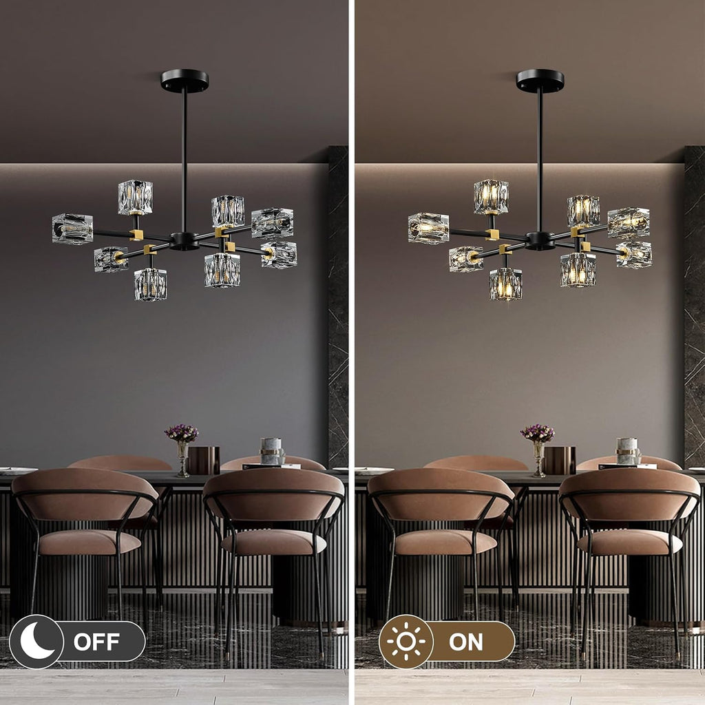 Modern Sputnik Crystal Kitchen Chandelier - Luxury Elegant 8 Light Black and Gold Brushed Brass Chandeliers - Adjustable Height Pendant Lighting Ceiling Fixture for Dining Room Living Room Island