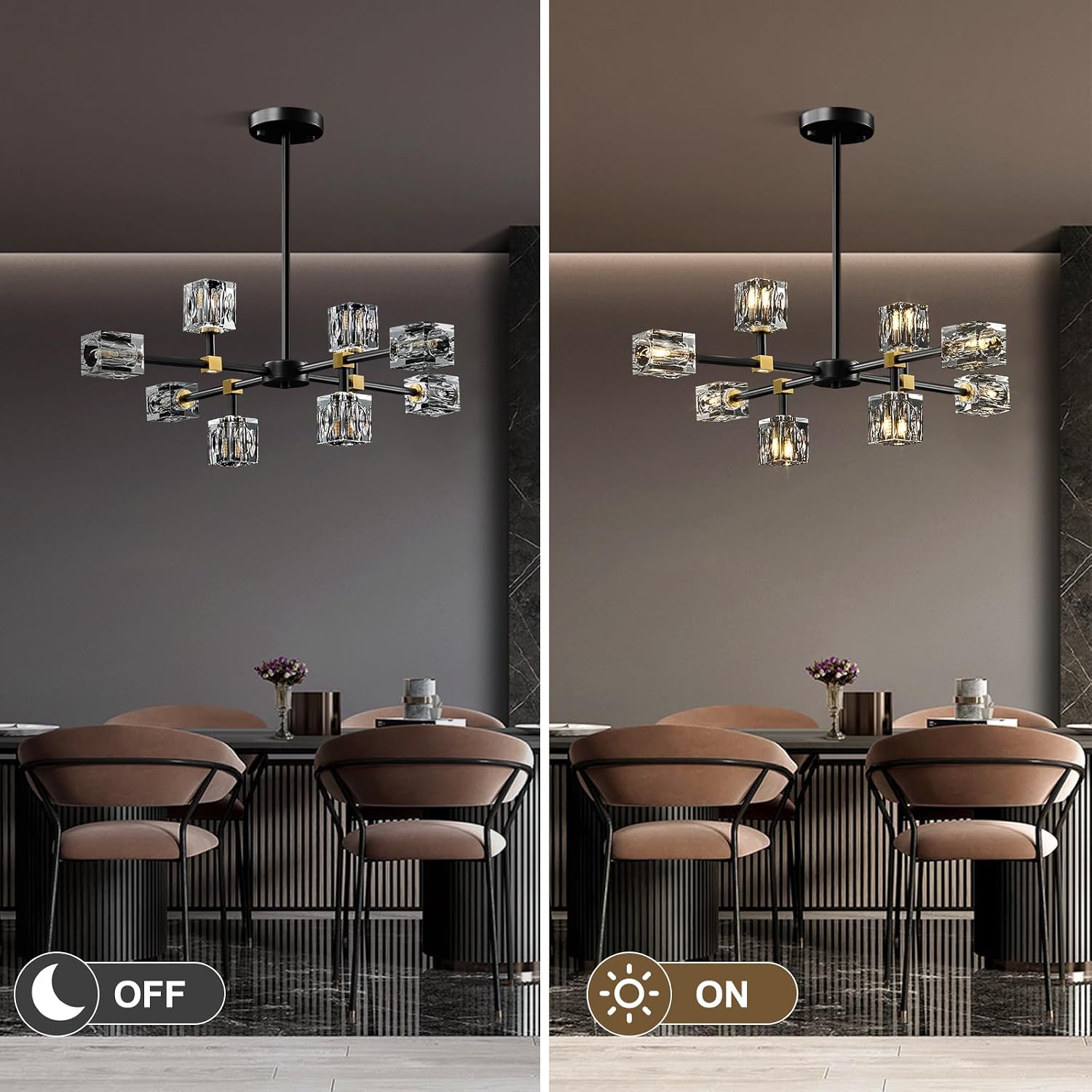 Modern Sputnik Crystal Kitchen Chandelier - Luxury Elegant 8 Light Black and Gold Brushed Brass Chandeliers - Adjustable Height Pendant Lighting Ceiling Fixture for Dining Room Living Room Island