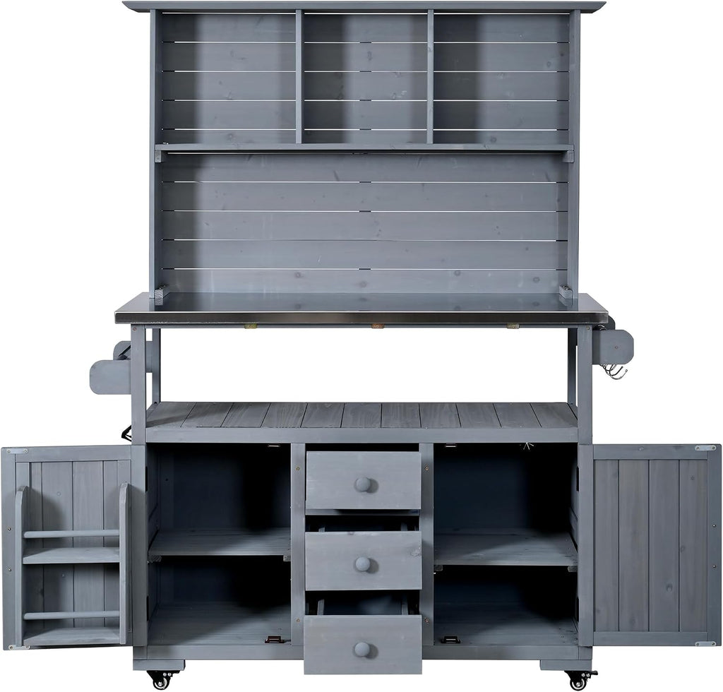 65''H Large Garden Potting Bench, Solid Fir Wood Outdoor Kitchen Island with Lockable Wheels, Stainless Steel top, Drawers, Shelf and Cabinets, Door Shelves and Hutch for Grilling (Gray-113)