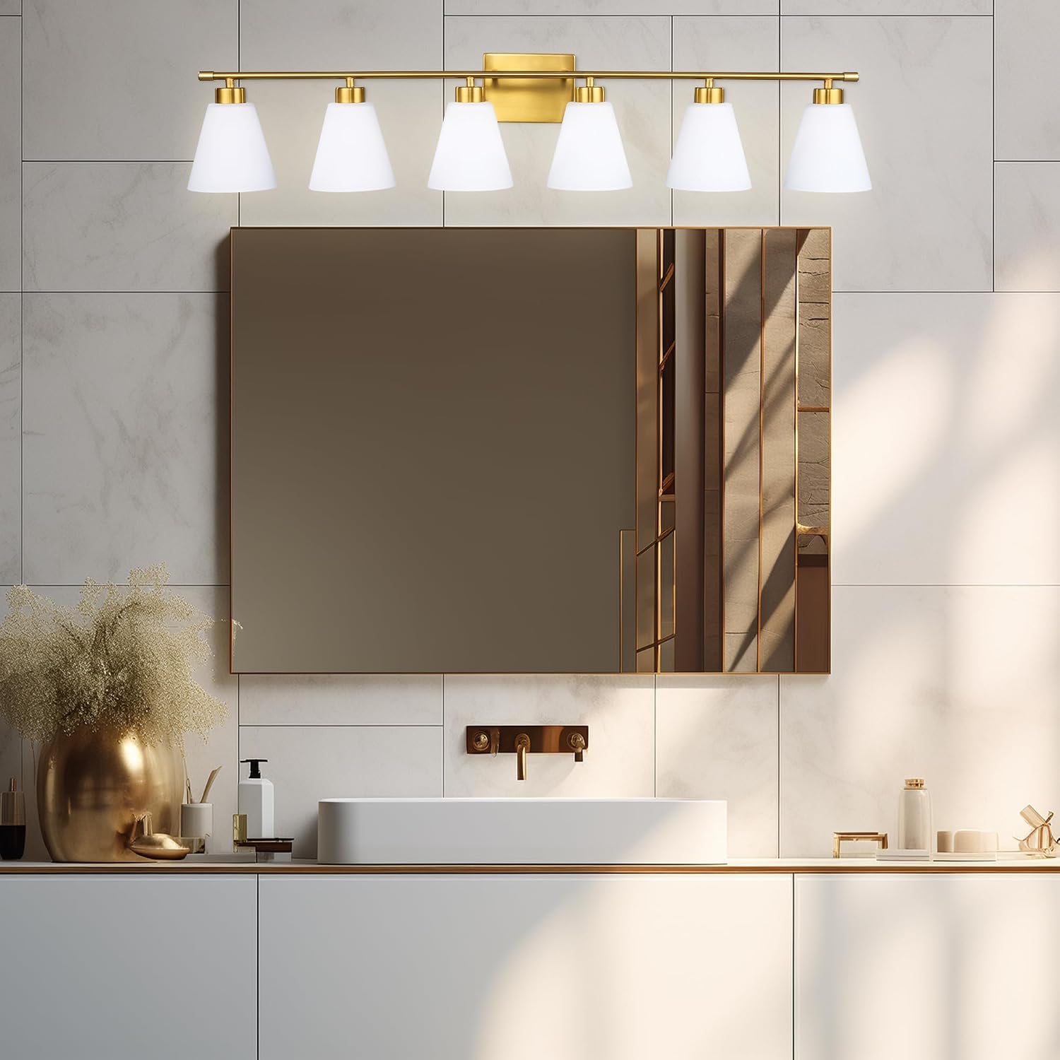 Hamilyeah 6 Light Bathroom Vanity Light Gold, 45 inch Gold Bathroom Vanity Lighting Fixtures Over Mirror with Milk Glass Shade, 6 Bulb Light Fixtures Over Mirror