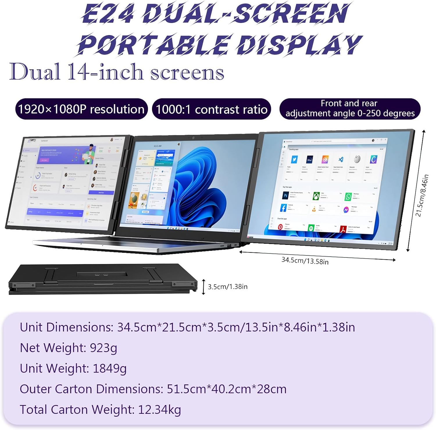14' Laptop Screen Extender FHD 1080P IPS - Multi-Angle Rotatable, Portable Dual Monitor USB-C Plug & Play for 13'-16' Laptops, Works with Macos/Windows/Android/Switch/Xbox