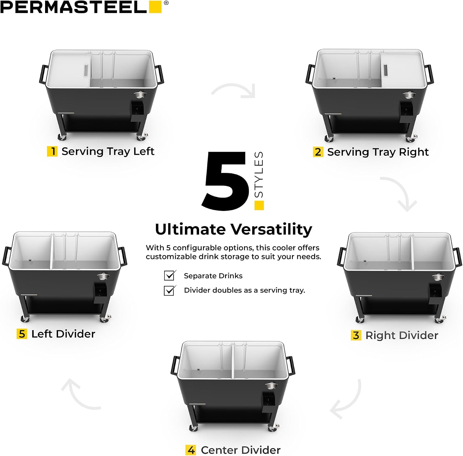 Permasteel Party Cooler with Divider, Removable Basin, Spacious 80-Qt Capacity, Chills 36hrs, Serving Tray, Rolling Ice Chest for Indoor & Outdoor