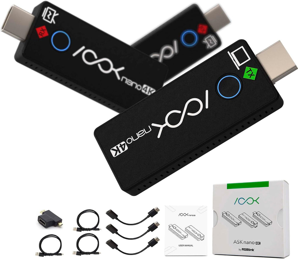 RGBlink 4K Wireless HDMI Transmitter and Receiver Kit,Plug and Play,Wireless HDMI Extender One Transmitter and Two Receivers, Supports Laptop to Dual Monitors for Meetings Live Broadcasts