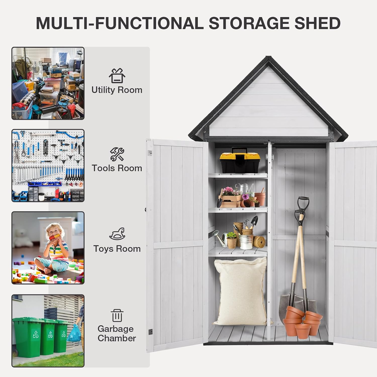 Indoor Outdoor Storage Cabinet with Waterproof Roof Storage Shed with Adjustable Shelves Large Capacity Wooden Storage Shed with Metal Frame Structure for Backyard Garden Patio Lawn (White)