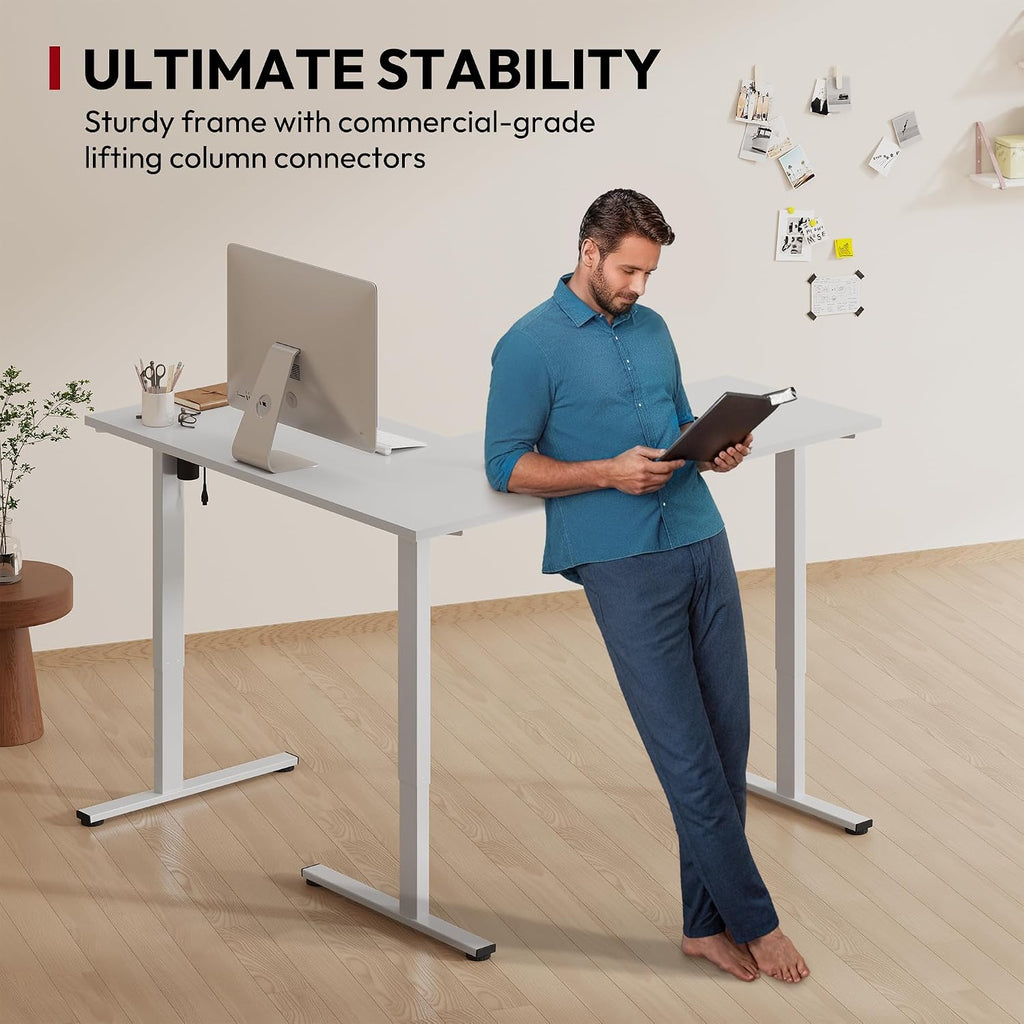 SANODESK L Shaped Standing Desk Adjustable Height, Electric Corner Standing Desk, 63 x 55 inch Sit Stand Computer Table with Splice Board, White