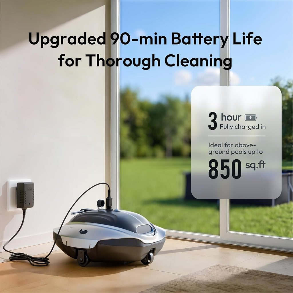 Bubot 300P Cordless Pool Vacuum for Above Ground Pool, Robotic Pool Cleaner with Bluehole Suction, DirtLock 2.0, Dual Filters, Smart Sensor, Self Parking up to 850 Sq.Ft, Deep Gray