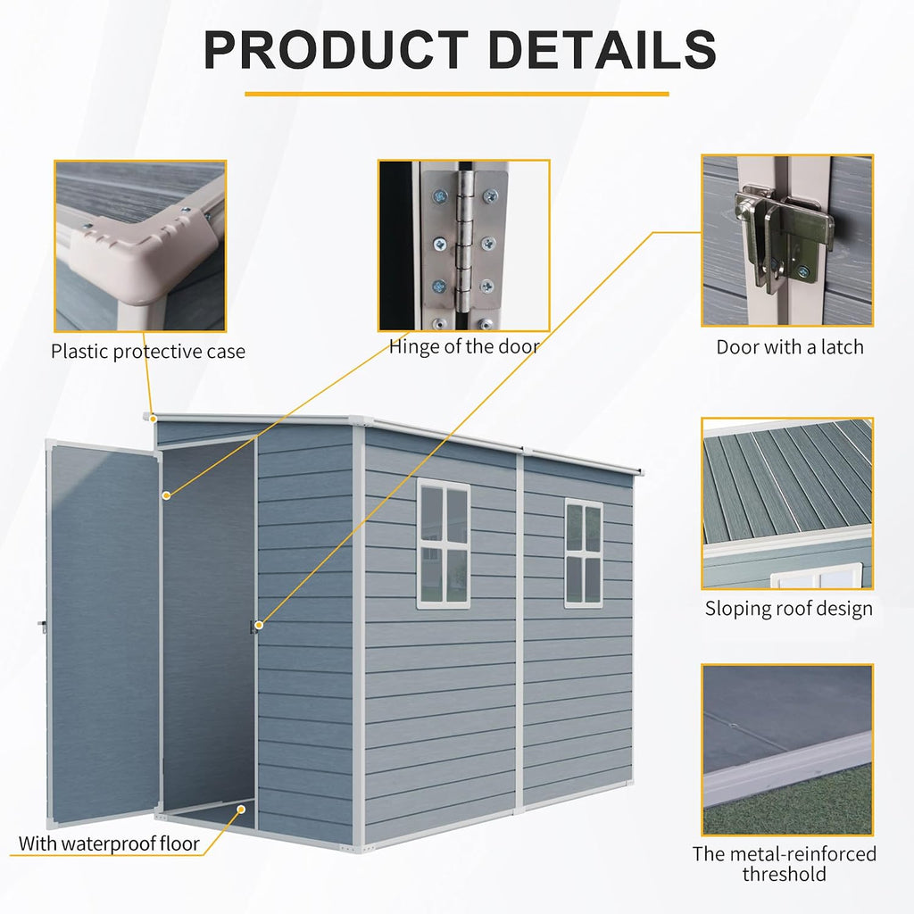 Storage Sheds with Floor, Resin Outdoor 4x8FT Lean to Shed with Two Windows, Lockable Doors for Garden Tools