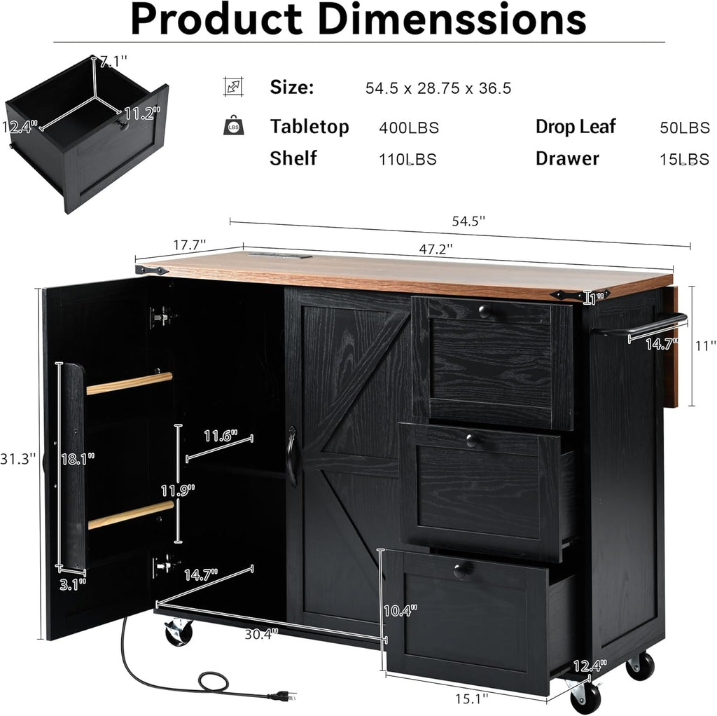 54.5' Farmhouse Kitchen Island with Power Outlet, Kitchen Storage Island with Internal Storage Rack, Drop Leaf, Spice Rack, Rolling Kitchen Cart on Wheels, for Home, Living Room and Dining Room,Black