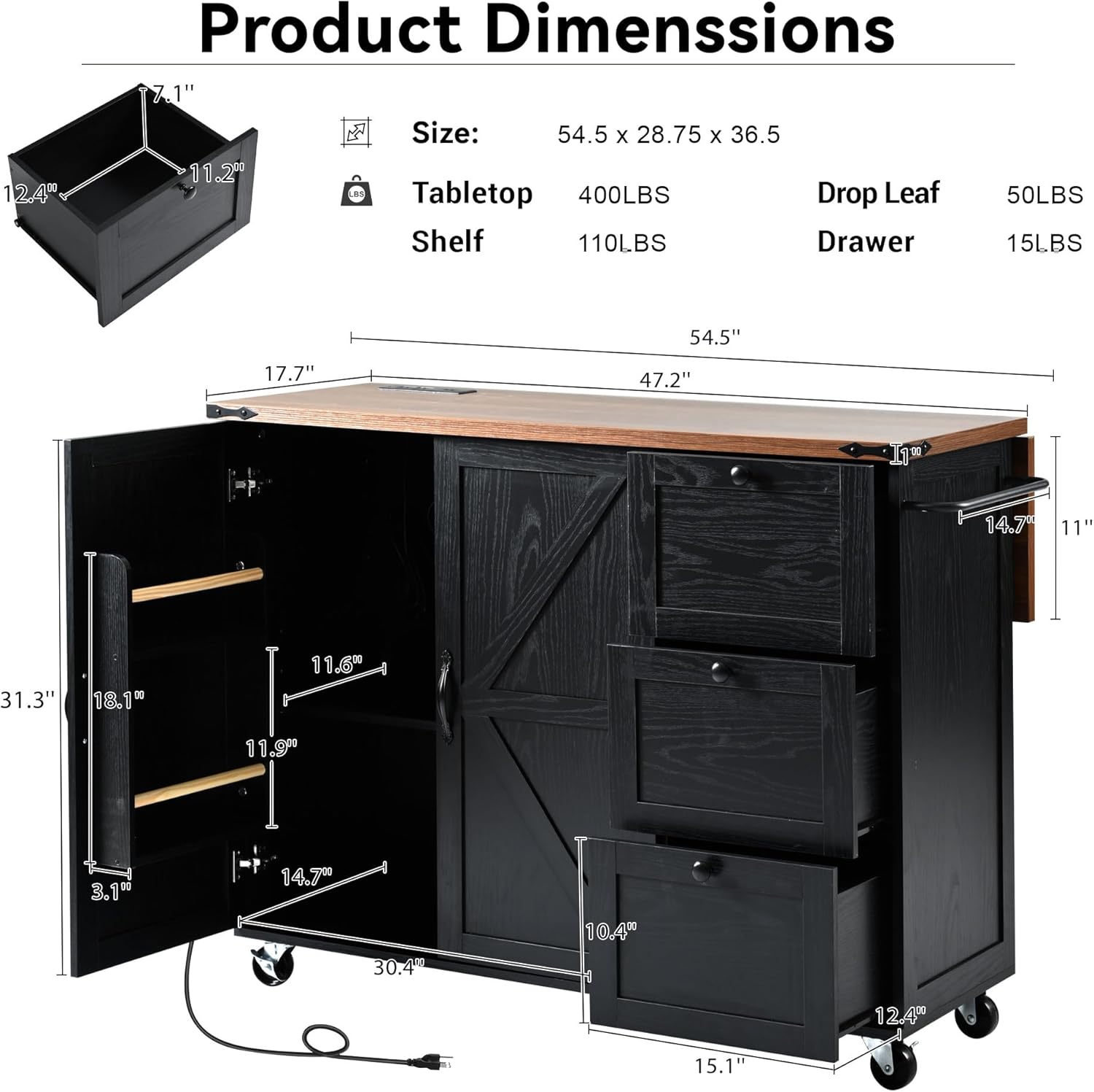 54.5' Farmhouse Kitchen Island with Power Outlet, Kitchen Storage Island with Internal Storage Rack, Drop Leaf, Spice Rack, Rolling Kitchen Cart on Wheels, for Home, Living Room and Dining Room,Black