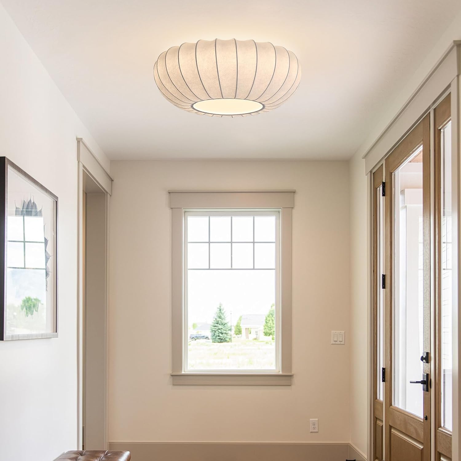 Japanese Silk Flush Mount Ceiling Light 16 Inch White Kitchen Ceiling Lighting Fixtures Vintage Bedroom Ceiling Light Fixtures Mid Century Modern Overhead Lamp