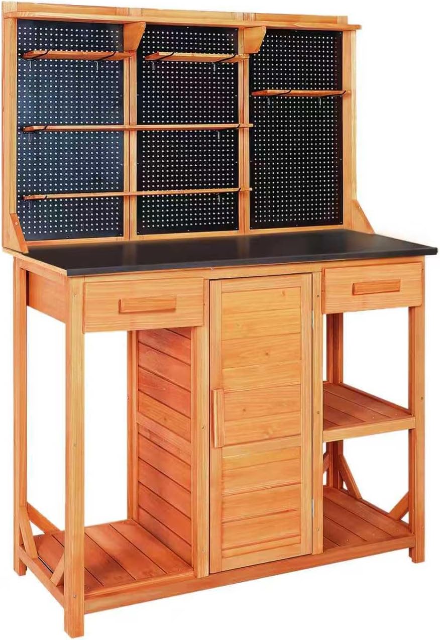 Agitree Outdoor Garden Potting Bench, Horticultural Wooden Workstation Table with Storage Drawer, Cabinet, Metal Pegboard, Adjustable Hooks and Shelves for Backyard, Patio, Greenhouse