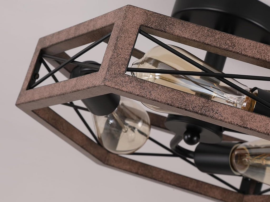 2 Pack 3-Light Rustic Farmhouse Metal Flush Mount Ceiling Light Fixture 14.5 inch Antique Oak Hexagon Cage Semi Flush Mount Ceiling Light for Hallway Hall Entry Bedroom Kitchen Farmhouse, Black