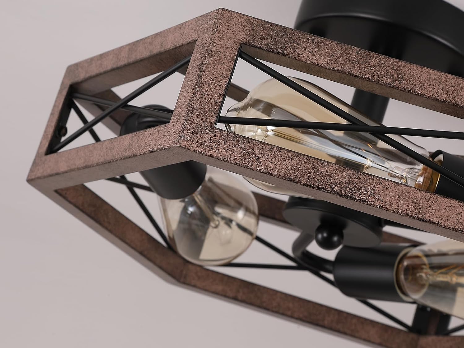 2 Pack 3-Light Rustic Farmhouse Metal Flush Mount Ceiling Light Fixture 14.5 inch Antique Oak Hexagon Cage Semi Flush Mount Ceiling Light for Hallway Hall Entry Bedroom Kitchen Farmhouse, Black