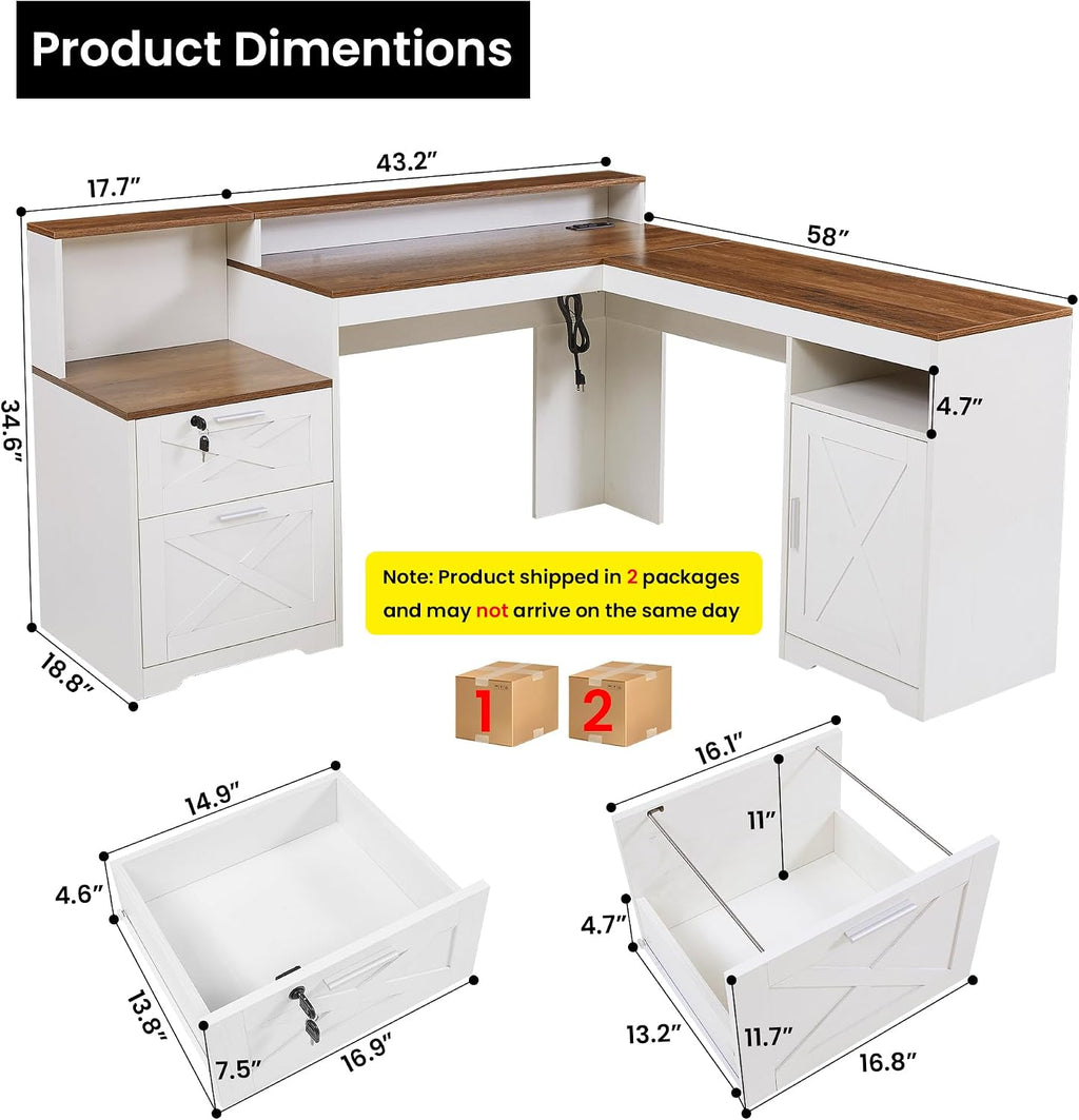 60' L Shaped Executive Desk with Printer Space,Corner Computer Desk with Power Outlets,Lockable Drawers & Adjustable File Cabnet,L Shaped Office Desk with Monitor Stand