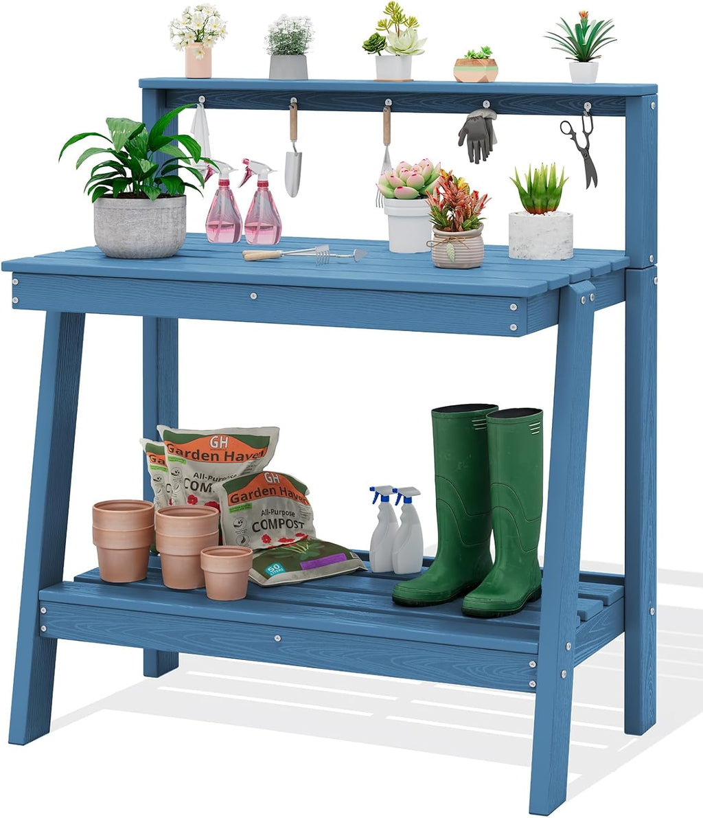 SERWALL Potting Bench Outdoor with Storage, 3-Tier HDPE Gardening Table with Angled Legs & Tool Hooks, All-Weather Heavy Duty Potting Table for Patio, Backyard, Garden, Blue