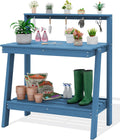 SERWALL Potting Bench Outdoor with Storage, 3-Tier HDPE Gardening Table with Angled Legs & Tool Hooks, All-Weather Heavy Duty Potting Table for Patio, Backyard, Garden, Blue