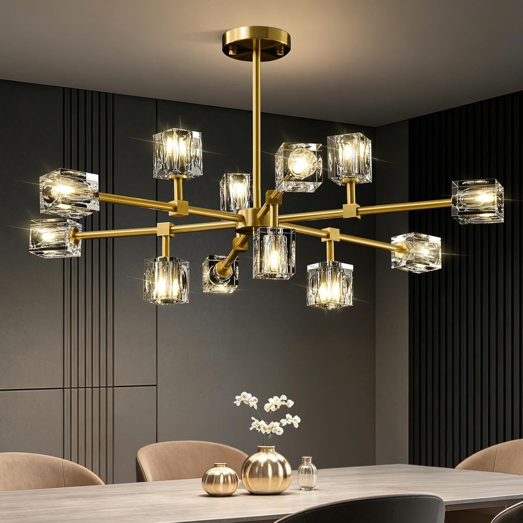Modern Sputnik Crystal Kitchen Chandelier - Luxury Elegant 12 Light Adjustable Height Pendant Lighting Ceiling Fixture - Gold Brushed Brass Chandeliers for Dining Room Living Room Island Table Bedroom