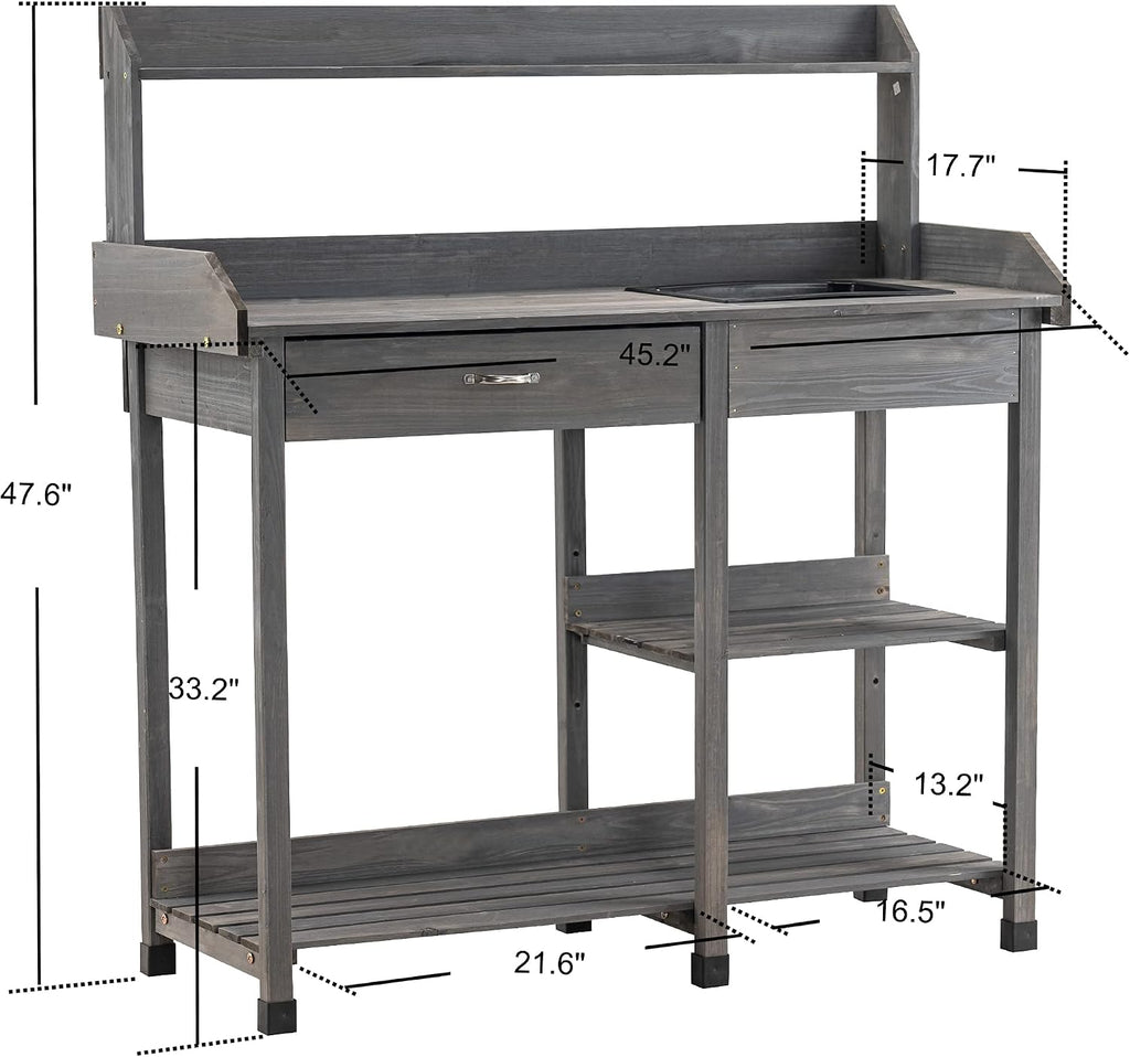 MCombo Potting Bench, Outdoor Garden Potting Table with Dry Sink, Drawer, Storage Shelves, Natural Wooden Work Station for Patio, Backyard and Porch 0458 (Grey)